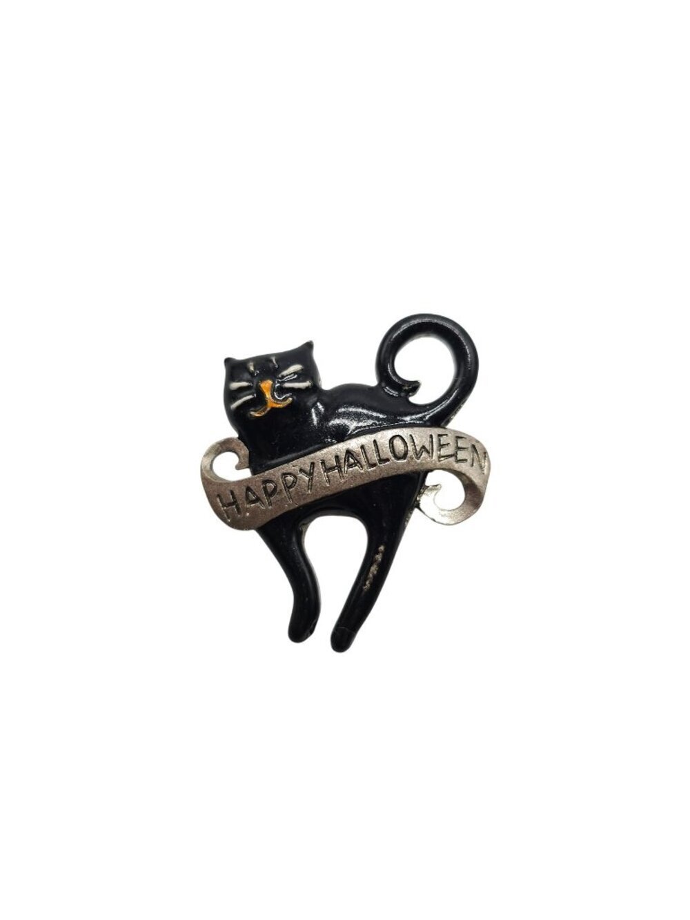 Happy Halloween Black Cat Brooch Pin With Banner Vintage Style 1.75" Cute Spooky